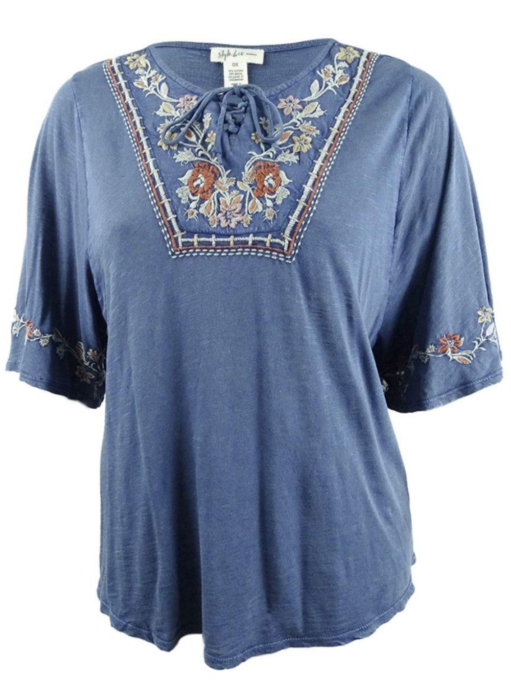 Style & Co. denim Blue Embroidered Lace-Up Top
